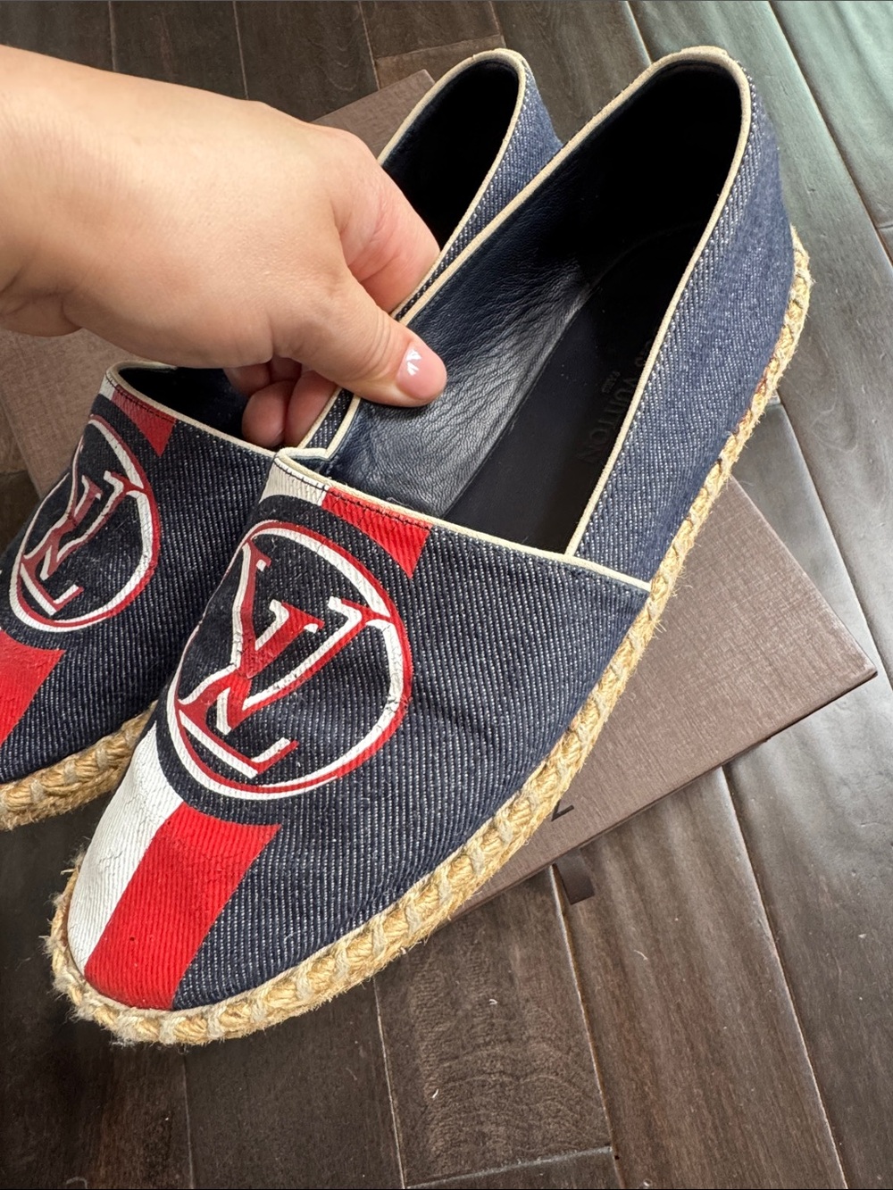 Women Louis Vuitton LV Logo Canvas Espadrilles Flats Shoes Navy Red White 37 - Picture 8 of 9
